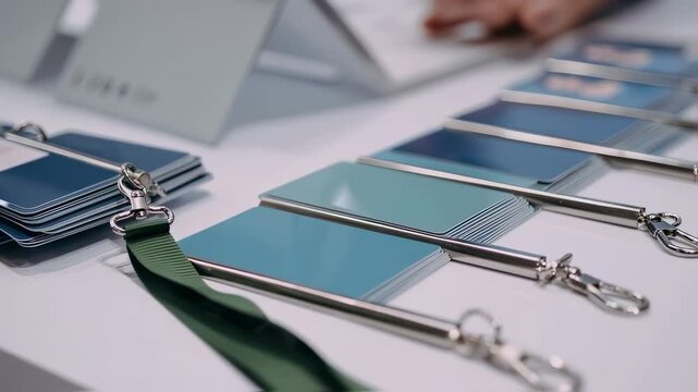 arranged conference badges and name tags on a bright white table, ready for attendees to grab before a business summit