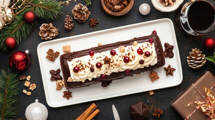 Festive Chocolate Dessert with Cream and Red Berries for Celebration