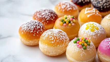 Colorful Sweet Treats with Powdered Sugar on a White Background