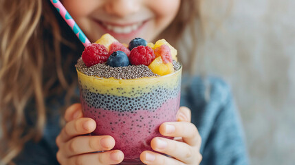 young girl holding a colorful candy fruit ice cream  pudding