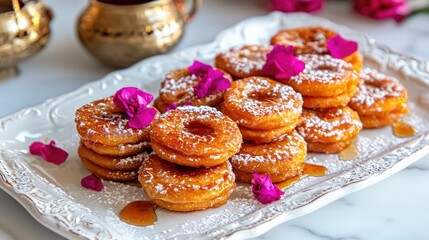 Golden Fried Donuts Topped with Powdered Sugar and Rose Petals