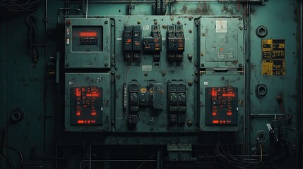 Electrical panel with complex wiring, circuit breakers, and switches displaying modern power distribution
