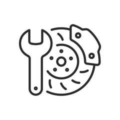 Car brake disc with wrench icon. Vector illustration. Editable stroke.