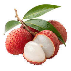Juicy lychee fruit with red skin, white flesh and green leaves isolated on white transparent background, concept of tropical fruit
