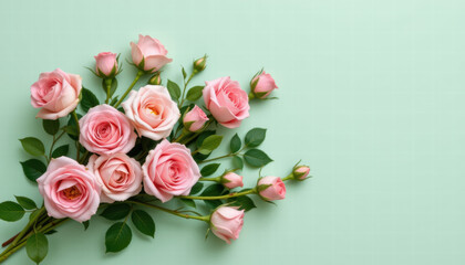 Beautiful arrangement of pink roses with green leaves on soft green background, evoking feelings of love and tranquility. Perfect for celebrations or as gift