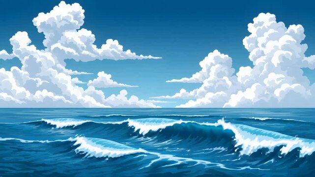 Pixel Art Seascape of Tranquil Ocean Waves Under Blue Sky with Fluffy White Clouds in 8bit Aesthetic