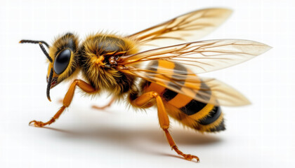 Close up image of bee showcasing its detailed features, including vibrant yellow and black stripes, delicate wings, and fuzzy body. This insect is known for its role pollination and is often found