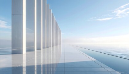 Tall glass monoliths reflecting clear sky, surreal architectural installation by the sea, futuristic perspective with soft fog
