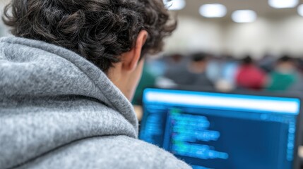 Diverse group of students engaged in coding algorithms during a programming class at a university. Math 2.0 Day