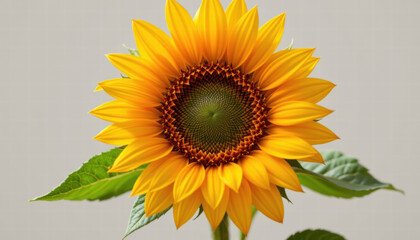 Fototapeta premium Vibrant sunflower with bright yellow petals and textured green center stands out against soft, neutral background. leaves are lush and green, adding to overall beauty of this floral image