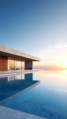 Fototapeta premium Minimal flat building structure extending over infinite water, sunset glow on horizon, blue and beige tones, clean architectural lines