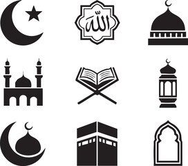Obraz premium Collection of Islamic symbols and icons in black and white vector format