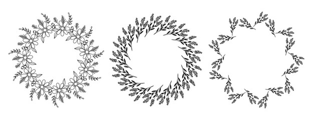 Set of vector illustrations of isolated circular wreath in doodle style branches and flowers in a loose hand drawn design, isolated on white background.