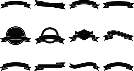 Black Ribbon Banner Vector Set – Circle Badge, Wave Scrolls, Curved Vintage Labels, Emblem Silhouettes