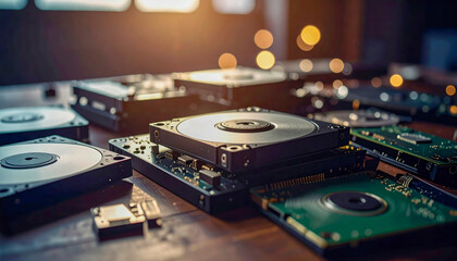 A collection of computer hard drives are on a table. The table is cluttered with various sizes and shapes of hard drives. Scene is chaotic and disorganized