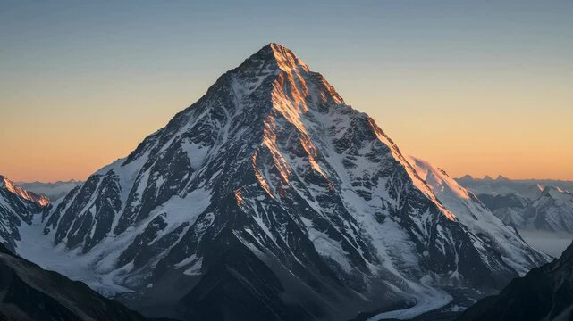 Snow Capped Mountain Peak Lit By Golden Sunrise against a Blue Sky Landscape