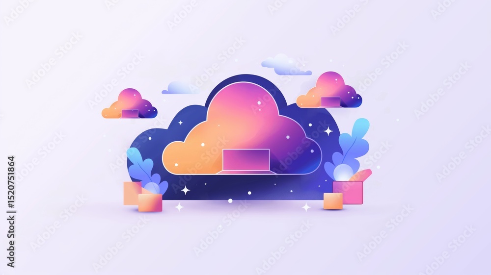 Poster digital illustration of cloud storage technology with vibrant colors and abstract elements represent
