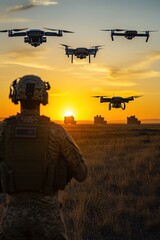 Drones and Soldier at Sunset