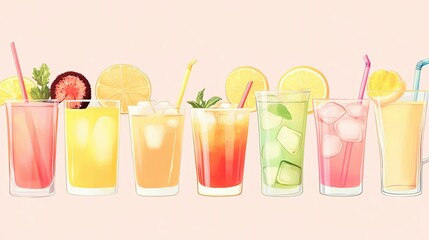 Colorful Summer Drinks with Fruit Slices and Straws