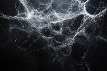 Naklejka premium Creepy white spider web intricately woven against a black background creates an eerie atmosphere full of mystery and intrigue