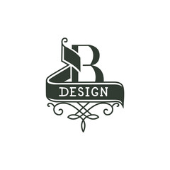 Vintage monogram with letter B and ribbon banner inscription "DESIGN". Decorative emblem with flourishes. Ideal for branding, boutique, packaging or retro-style identity. Vector illustration.