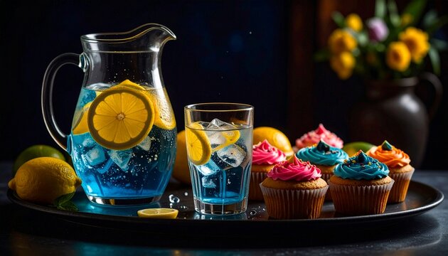 pitcher of ice water with lemon slices in the glass with ice cubes, droplet of wa