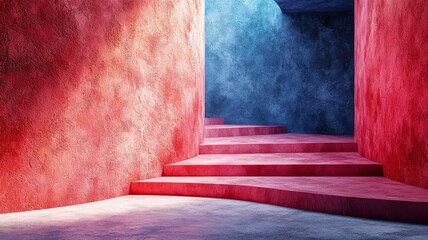 Vibrant abstract interior with colorful textured walls and dynamic stairway, creating a modern and inviting atmosphere for creative spaces.