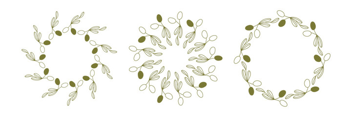 Olives Line Drawing. Black and white Olive Frame. Olive Wreath Isolated. Floral Line Art. Fine Line Olive illustration. Green and white Olive Branches. Hand Drawn Olives. Wedding invitation greenery
