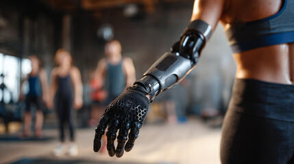 Naklejka premium Robotic Arm Fitness Workout: Innovation in Modern Exercise for Athlete Performance and Health