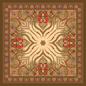 Beige and Brown Ornamental Bandana &ndash; Mughal Inspired Floral Square Scarf Design, Seamless Textile for Dupatta, Hijab or Shawl