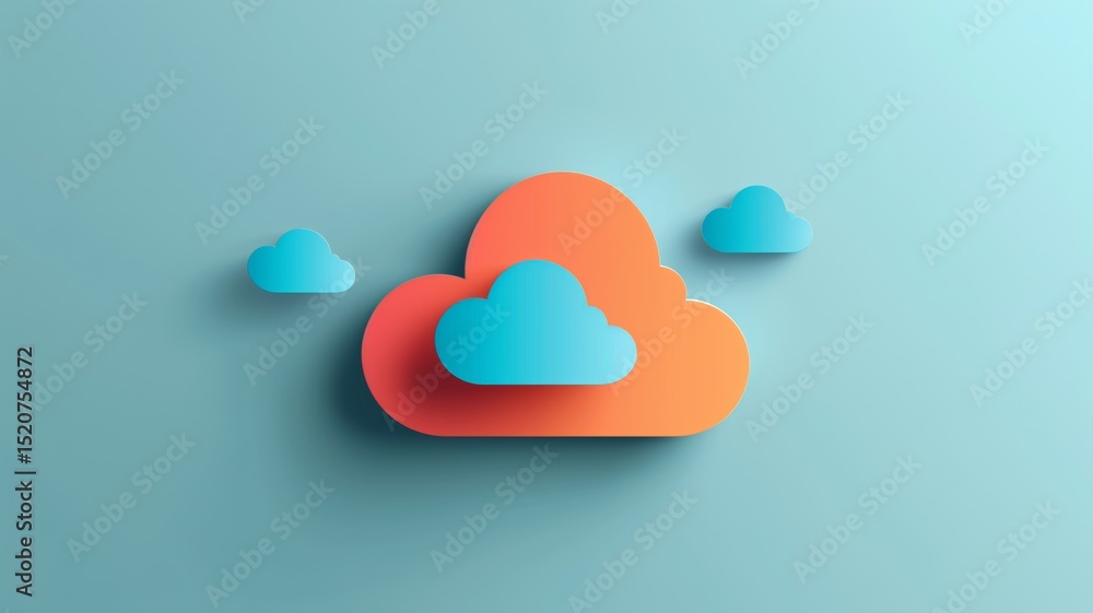 Poster modern illustration of layered clouds representing cloud storage technology and ai solutions for dat