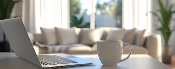 Laptop and Mug on Table in Bright Living Room