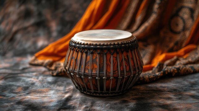 Indian mridangam drum resting horizontally with cloth patterns in the background