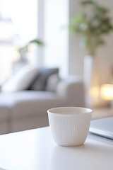White Cup on Table in Bright Living Room