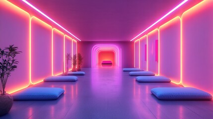 A neon yoga studio with glowing energy fields balancing a stressed mind 