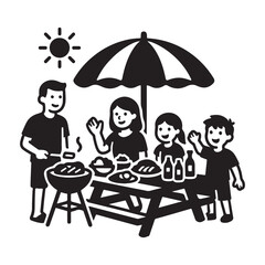 Enjoying summer vibes at a family backyard barbecue under a bright umbrella by a picnic table filled with delicious treats and cold drinks Design vector icon style