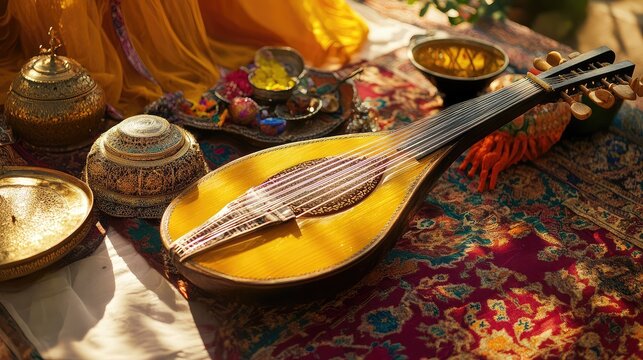 Vietnamese dan bau monochord on a silk cloth with traditional decorative items