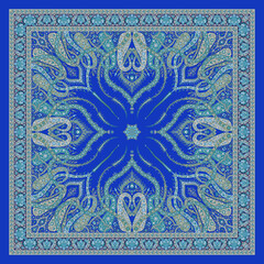 Vibrant Cobalt Blue Bandana Scarf – Traditional Mandala Floral Pattern, Seamless Ethnic Textile Square for Hijab, Shawl, Dupatta