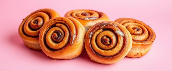 Fototapeta premium Golden-brown cinnamon rolls, swirls visible, on pink background, food photography, butter
