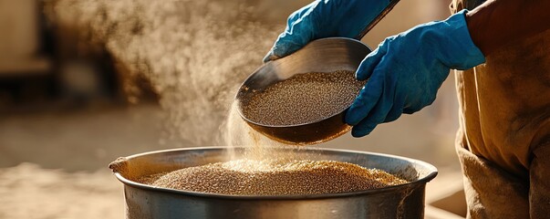 Grain Being Poured Into a Metal Pot