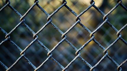 Fototapeta premium Detailed close up of a rusty chain link fence outdoors old grid wire mesh iron dark.