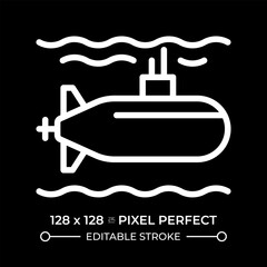 Submarine pixel perfect white line icon in negative space. Watercraft capable of independent operation underwater. Maritime. Monochrome linear symbol on black background. Editable stroke