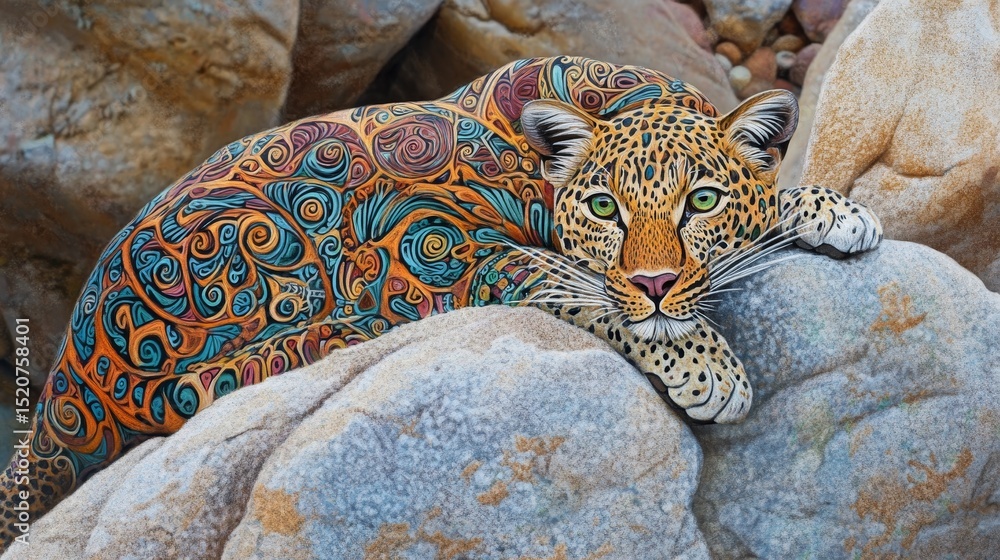 Poster leopard rests on rocks with patterned fur in an outdoor setting.