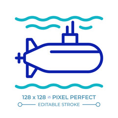Submarine pixel perfect two color line icon. Watercraft capable of independent operation underwater. Maritime bicolor outline symbol. Duotone linear pictogram. Isolated illustration. Editable stroke