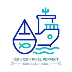 Fishing vessel pixel perfect two color line icon. Ship catching fish and aquatic animals. Maritime transport bicolor outline symbol. Duotone linear pictogram. Isolated illustration. Editable stroke