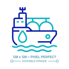 Tanker ship pixel perfect two color line icon. Fuel carrier vessel transporting cargo by sea. Marine transport bicolor outline symbol. Duotone linear pictogram. Isolated illustration. Editable stroke