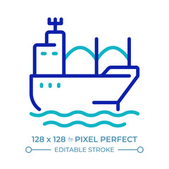 Bulk carrier pixel perfect two color line icon. Merchant ship transporting unpackaged cargo. Goods delivery bicolor outline symbol. Duotone linear pictogram. Isolated illustration. Editable stroke