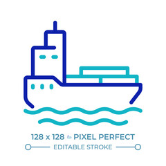 Fototapeta premium Barge pixel perfect two color line icon. Water transport in shallow water. Cargo ship. Maritime industry bicolor outline symbol. Duotone linear pictogram. Isolated illustration. Editable stroke