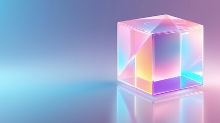 Holographic 3D cube floating in space with light refraction, symbolizing futuristic digital innovation