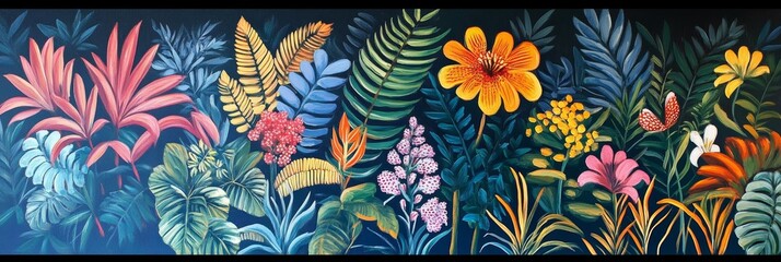 Fototapeta premium Colorful floral pattern illustration with various flowers and leaves on a dark background.